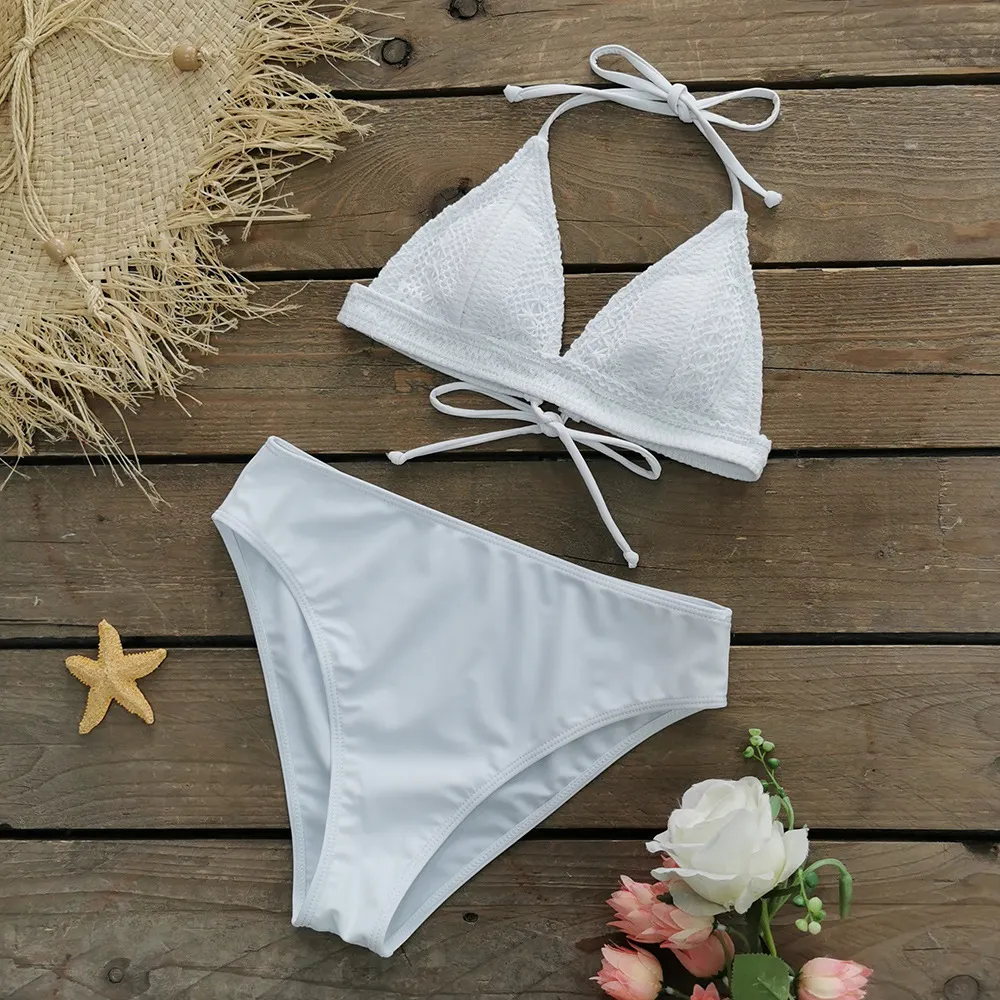 Brownm Solid Color Mesh Lace Split Swimsuit Female Three-Piece Set 2025 New Strap Sexy Three-Point Bikini