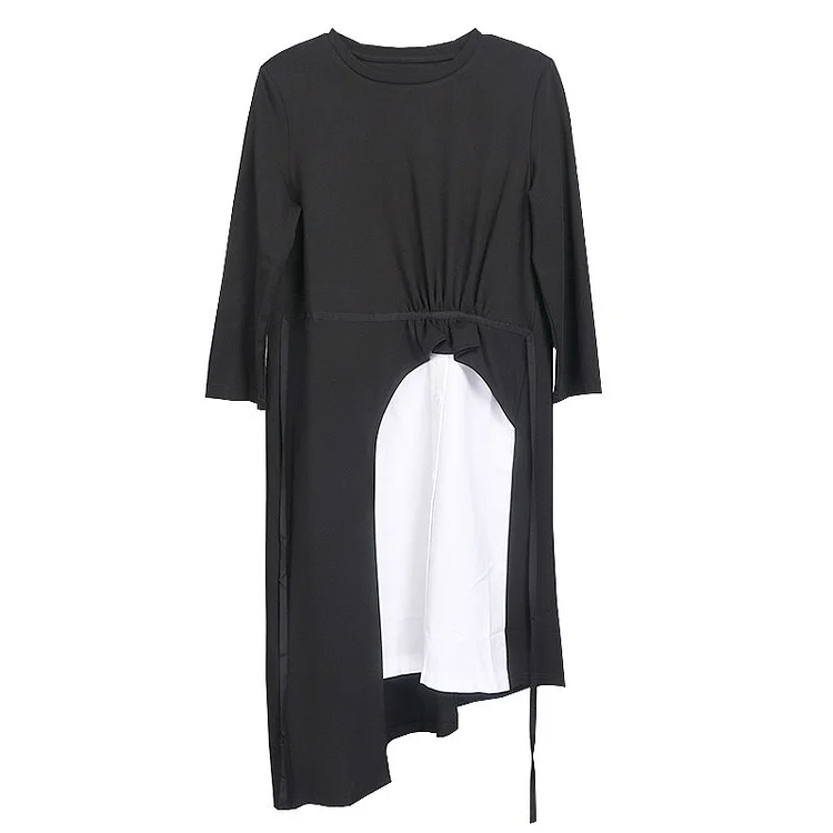 Casual Loose Round Neck Solid Color Irregular Patchwork Three-quarter Sleeve Dress