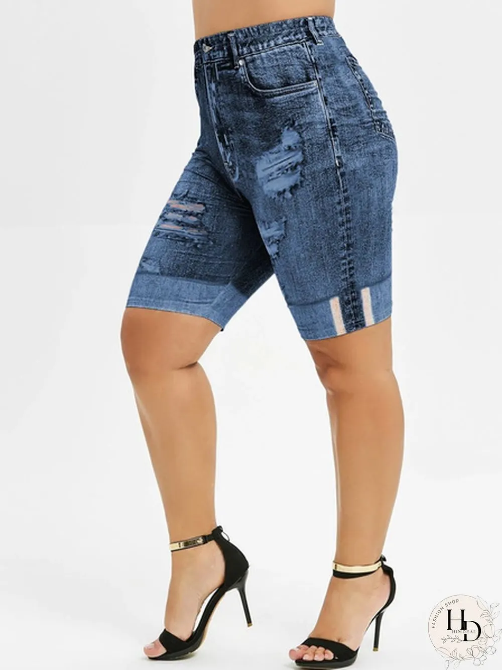Plus Size Mini Leggings Faux Denim Pants Women Ladies Fashion Shorts Ripped Skinny Jean