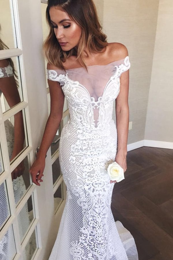 Classic Off The Shoulder Mermaid Sweep Train Wedding Dress With Appliques Ballbellas