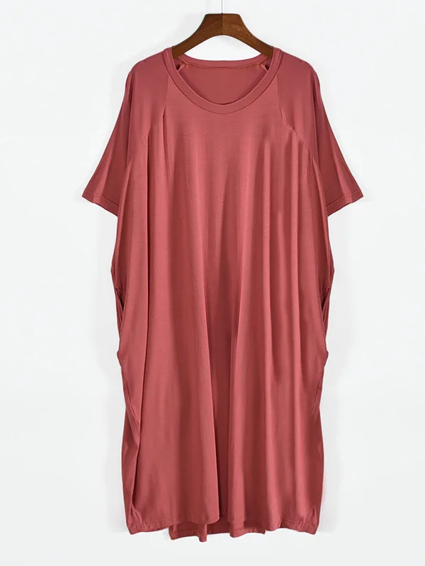 Simple Loose Half Sleeves Solid Color Round-Neck Pajamas Dress