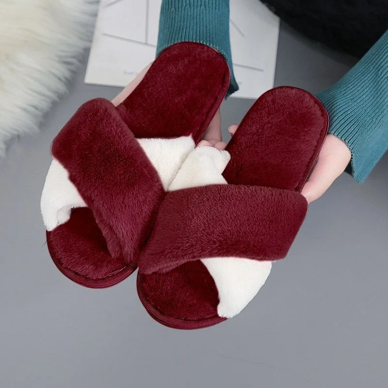 Newest Mixed Colors Fluffy Slippers Autumn Winter Home Slippers Women Furry Fur Slides Outdoor Women's Sandals 2021 Flip Flops