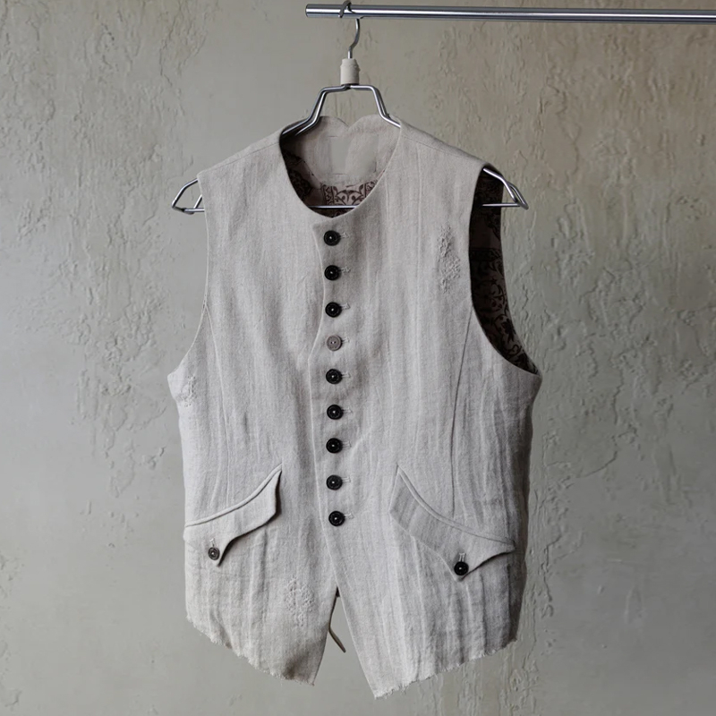 Men's Cotton And Linen Striped Single-Breasted Vest