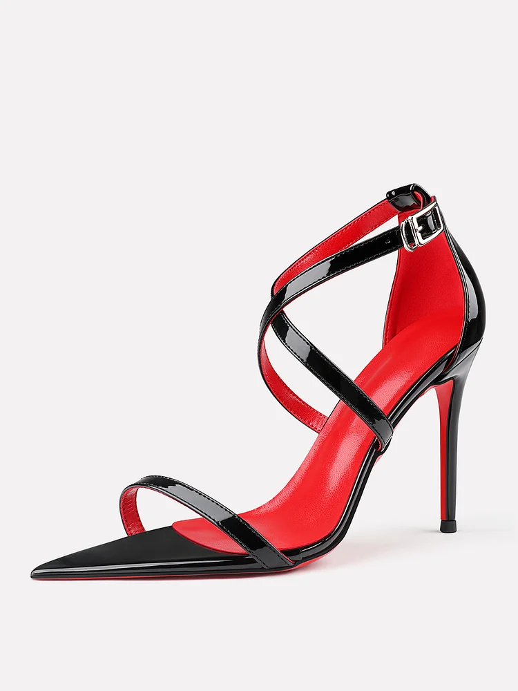 100mm Women's Open Toe Pointed Sandals High Heel Pumps Patent Red Bottoms Party Shoes