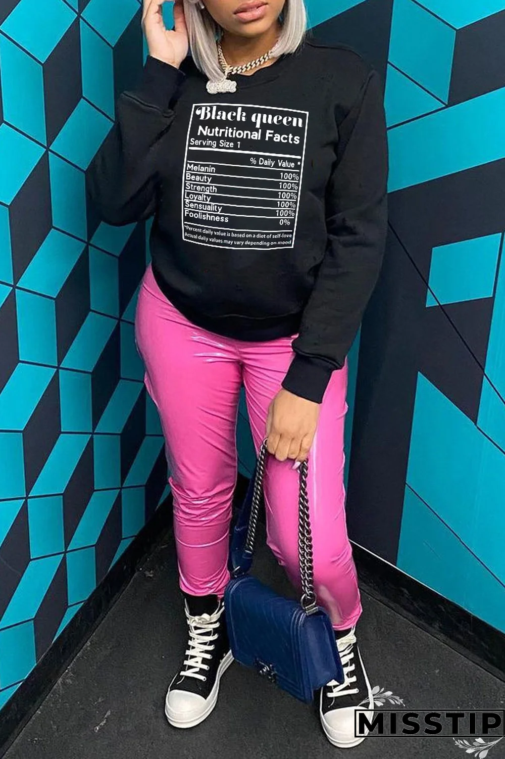 Black Fashion Street Print Patchwork Letter O Neck Tops