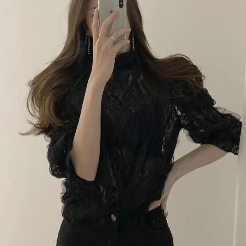 Korean Style Stand Collar Lace Mesh Blouse Women New Long Sleeve Elegant Fashion Lady Solid Tops Sweet Clothing Blusas 12511