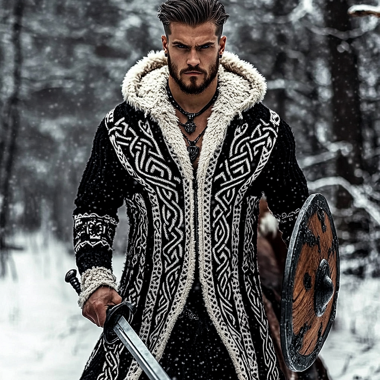Men's Viking Tribal Pattern Jacquard Celtic Cozy Cardigan Sweater