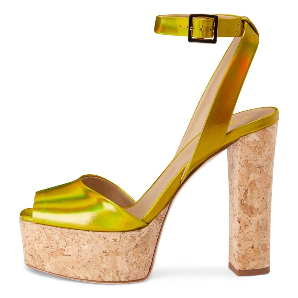 Yellow Laminated Peep Toe Ankle Strap Women's Sandals with Platform