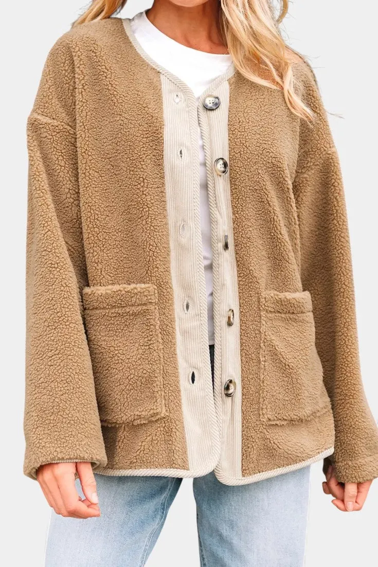 Oversized Sherpa Jacket with Corduroy Panel