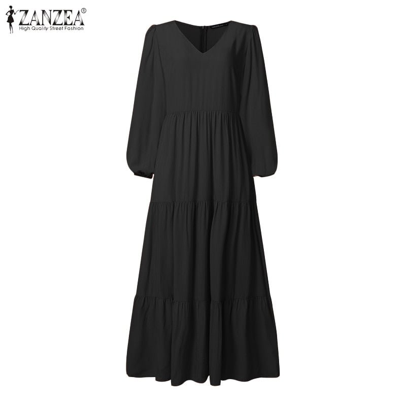 Elegant Dresses for Women Bohemian Ruffle Maxi Vestido 2022 Puff Sleeve Dating Sundress Oversize Casual Solid Sexy V Neck Robe 1