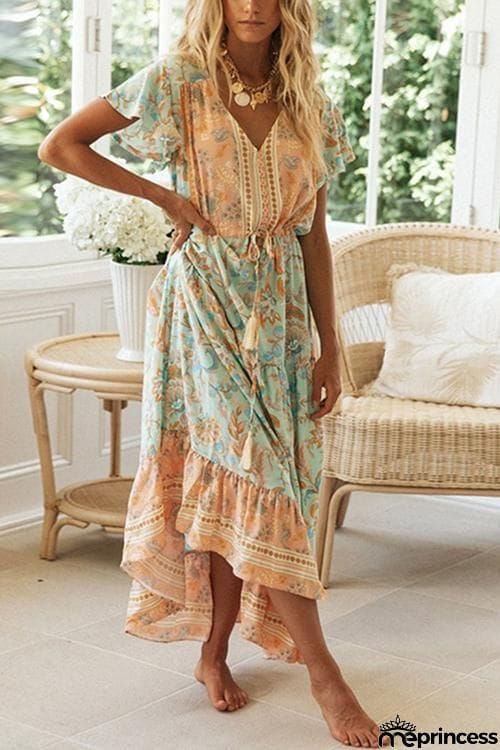 Boho Print Button Tassesl Maxi Dress
