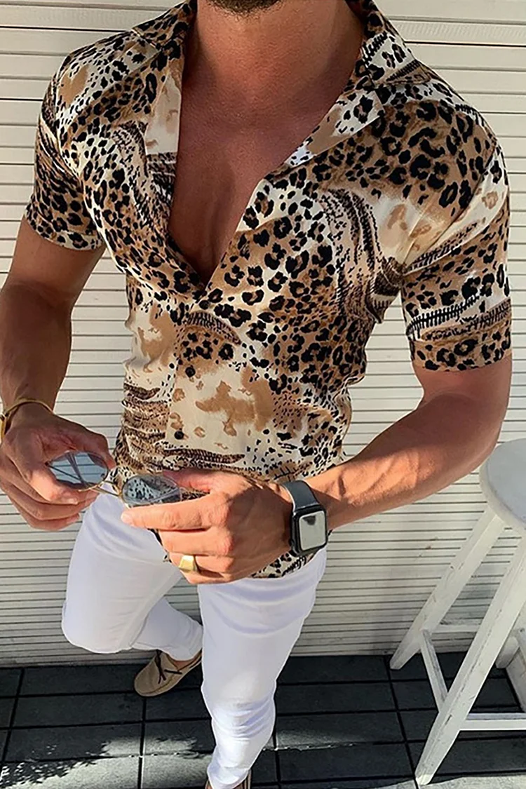 Leopard Print Short Sleeve Slim Fit Shirt