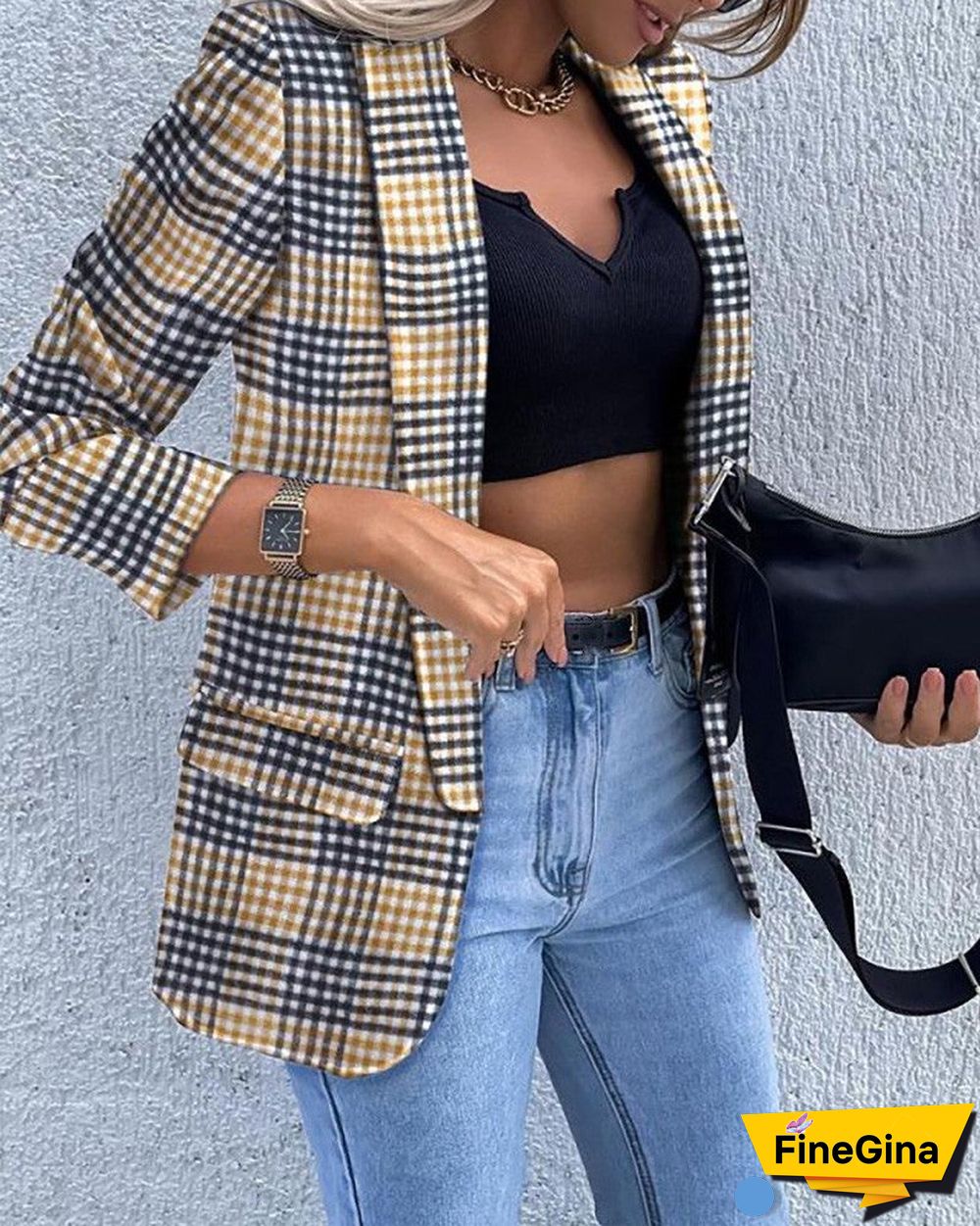 Plaid Print Long Sleeve Blazer Coat