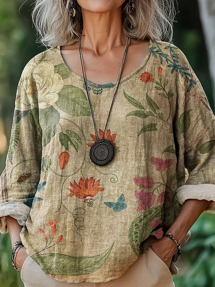 Women's Vintage Flower Art Print Casual Cotton And Linen Shirt