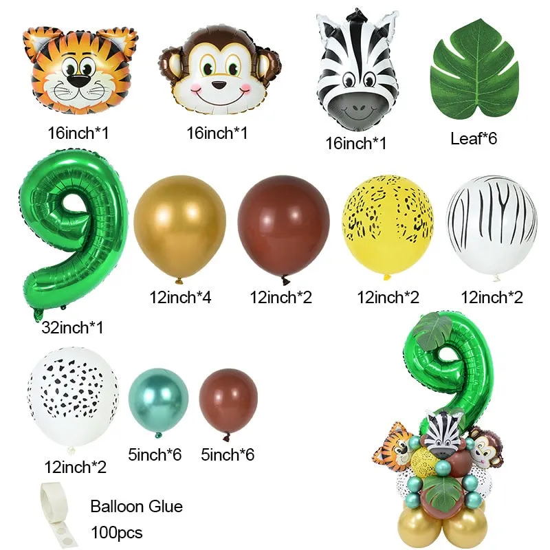 35pcs 1-9 Jungle Safari Animal Number Balloons Set Kids 1 2 3 Years Birthday Party Decoration Forest Party Supplies Baby Shower