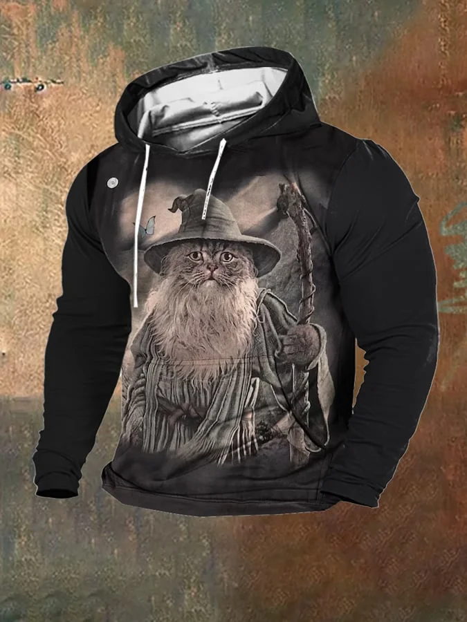 Men's Fleece Retro Funny Magic Cat Print Hooded Sweatshirt