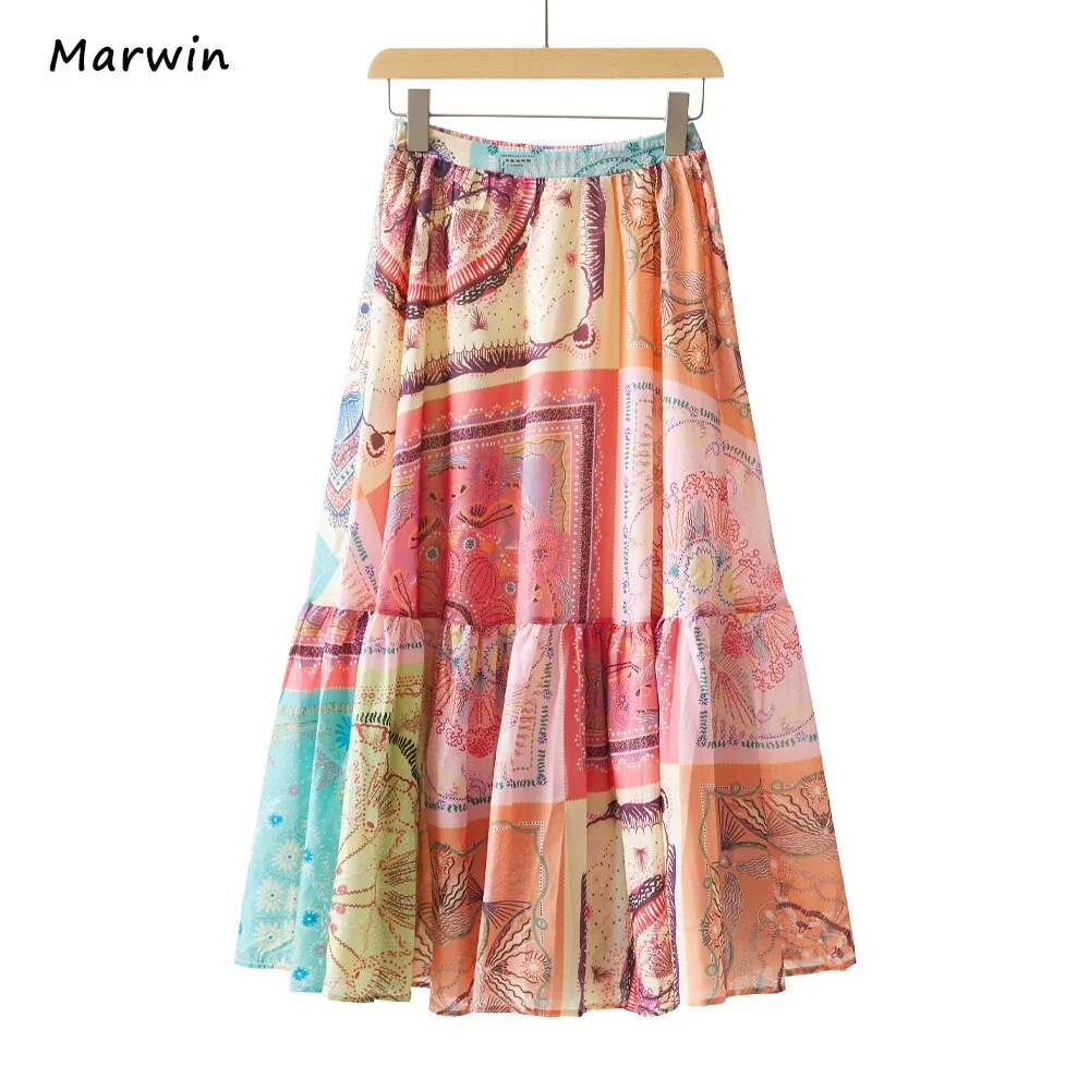 Marwin&Friend Spring Summer Printing European Floral Pattern Empire Elastic Women A-Line Five Colors High Street Style Skirts
