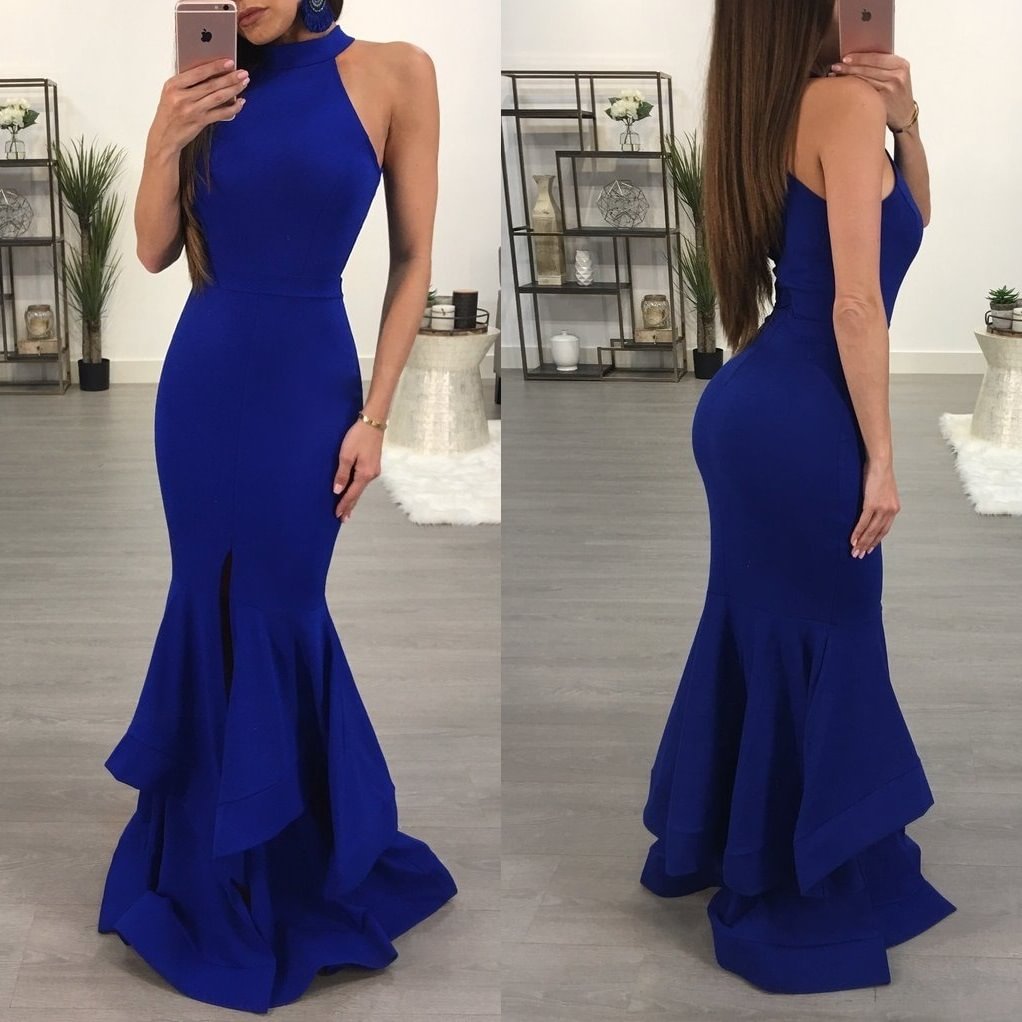 Elegant Halter Sleeveless Long Prom Dress Mermaid Ruffles With Slit - lulusllly