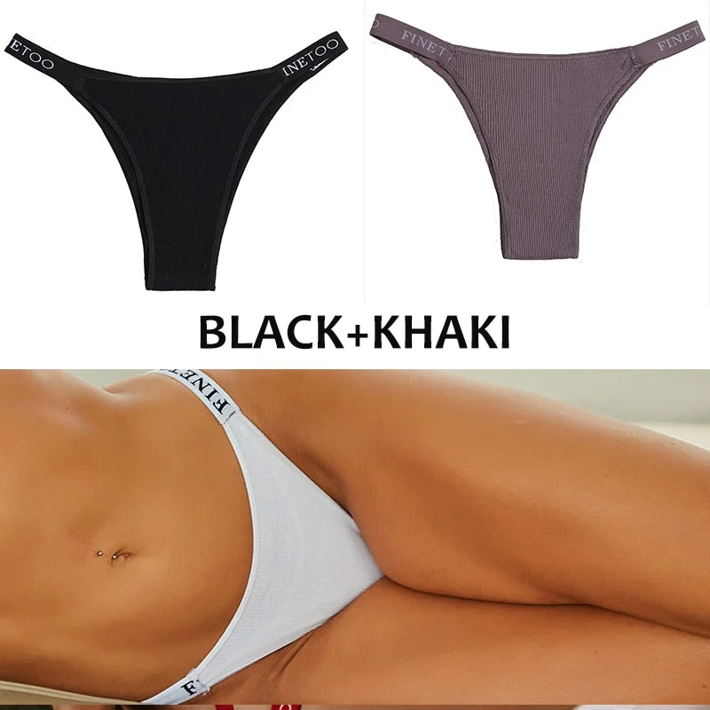 FINETOO 2PCS/Set Women's Cotton G-string Sexy Cross Strap Panties Letter Waisted Underwear Thongs Femme Hollow Out Lady Briefs