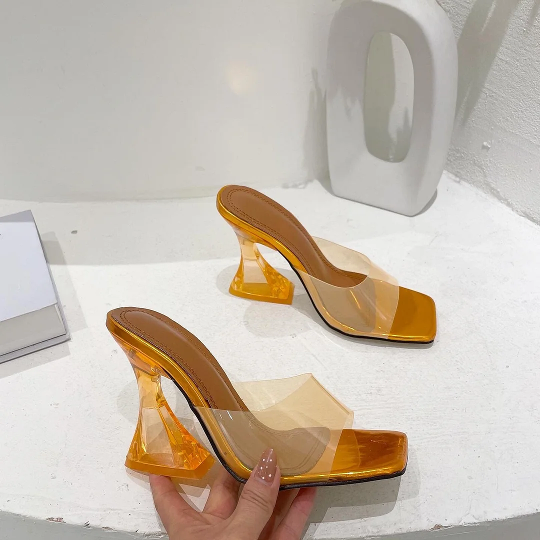 2022 Summer Women Slippers Fashion Sexy Square Head PVC Transparent  Heel High Heels Temperament Party Shoes