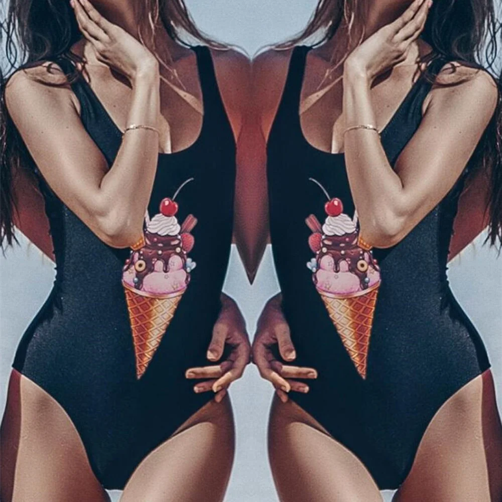 New Cute Ice Cream Print one piece swimsuit Backless swim suit  women Swimwear Push Up Bathing suit swim wear female Monokini