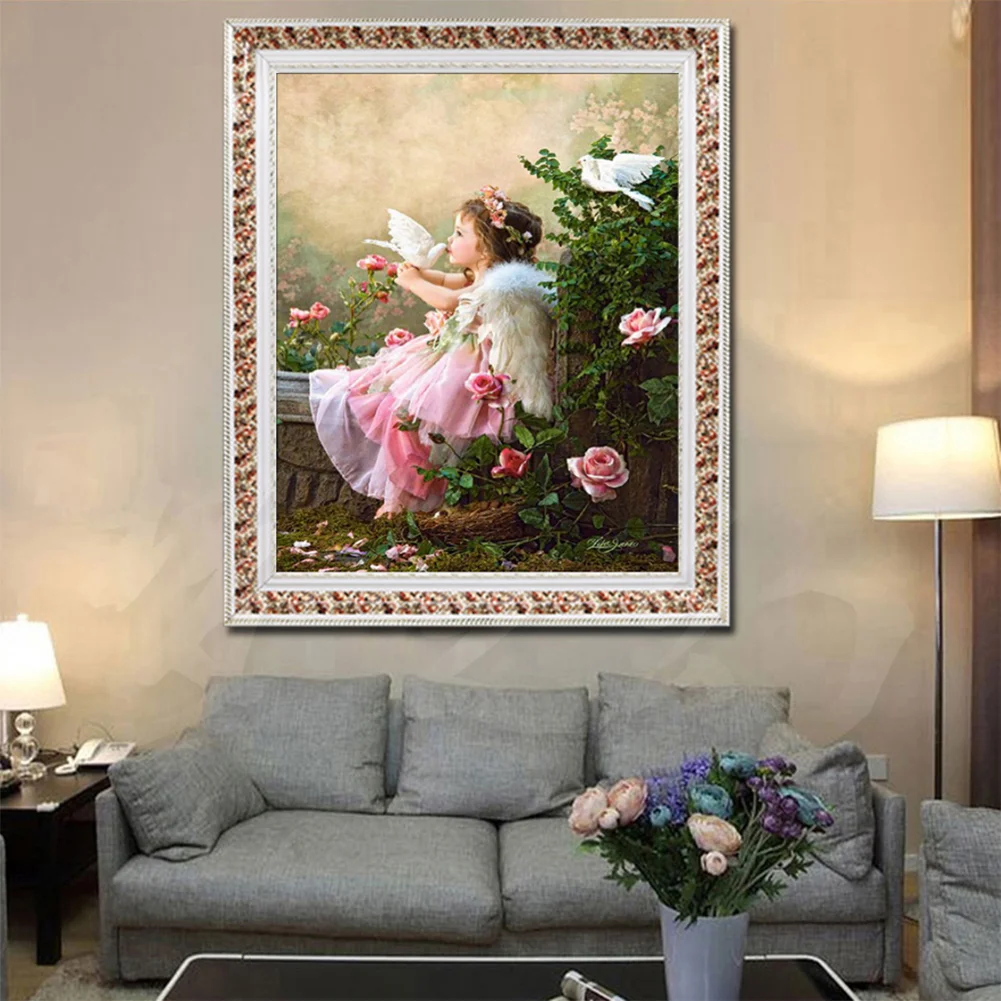 Round Diamond Painting 40*30cm - Little Girl Kissing Pigeon