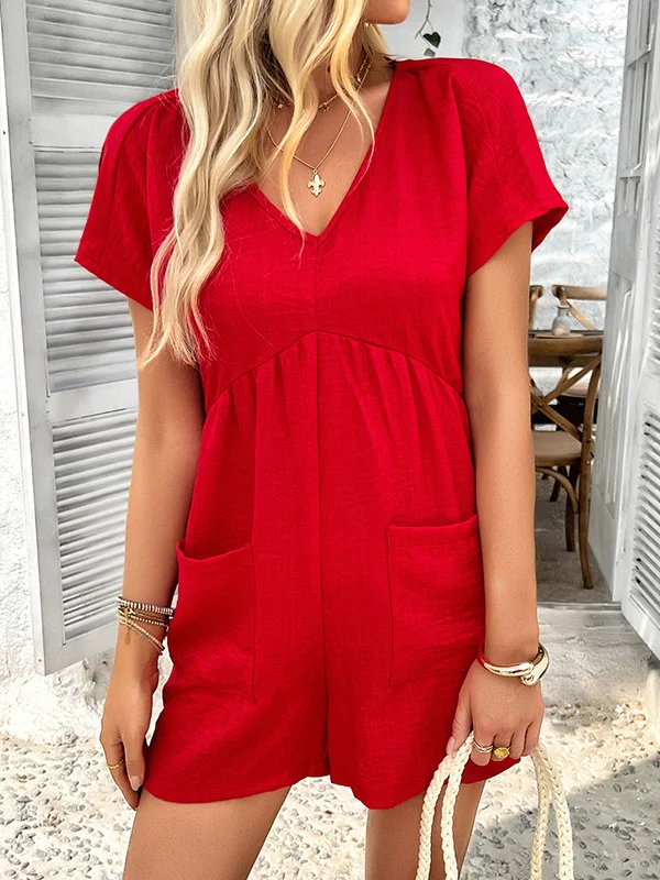 Solid Color Pockets Backless Short Sleeves Loose V-neck Rompers