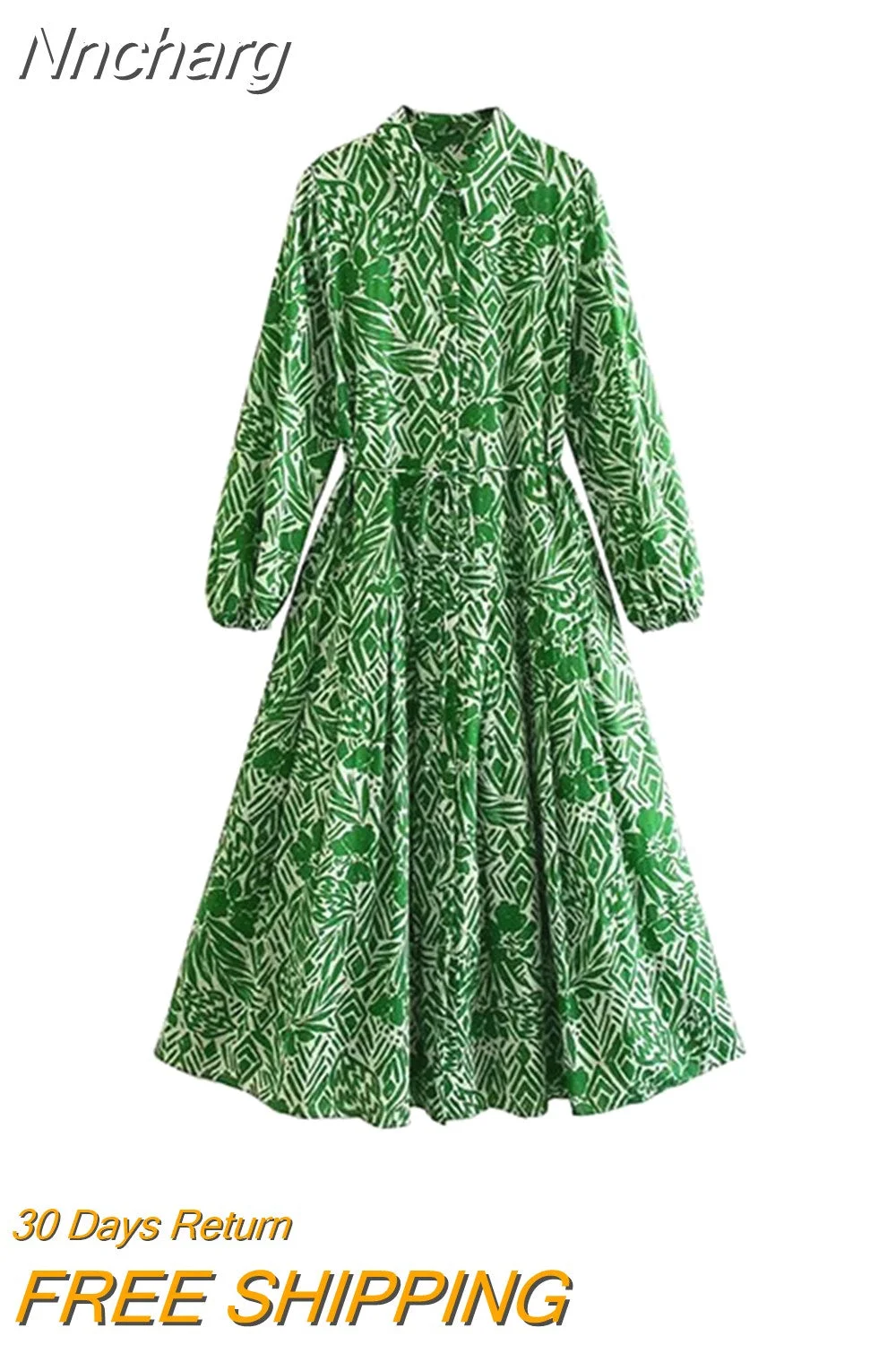 Nncharge TRAF Summer Fashion Green Printed Women Casual Shirt Robe Dress With Belt Wrist Sleeve High Waist Female Midi Dress