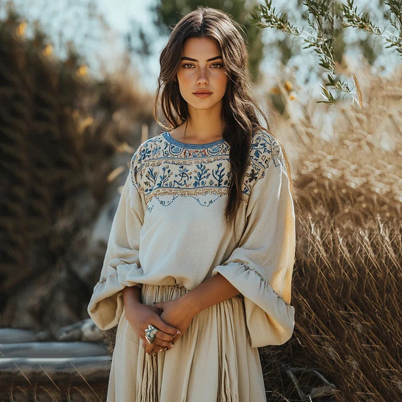 Vintage Cretan Embroidery Linen Contrasting Colors T-shirt