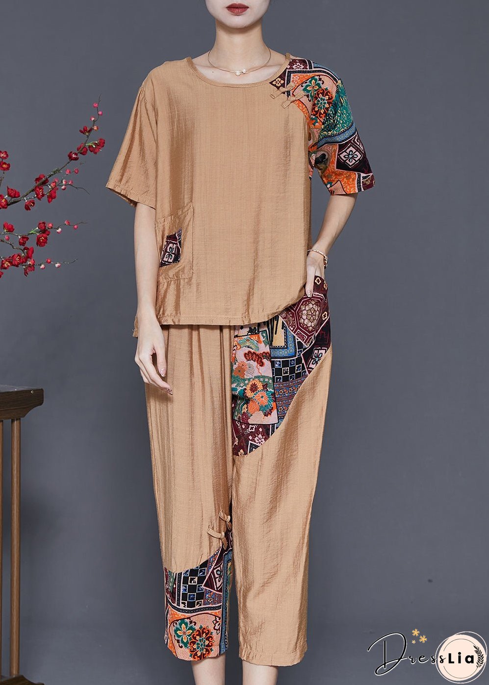 Khaki Patchwork Cotton 2 Piece Outfit Asymmetrical Summer