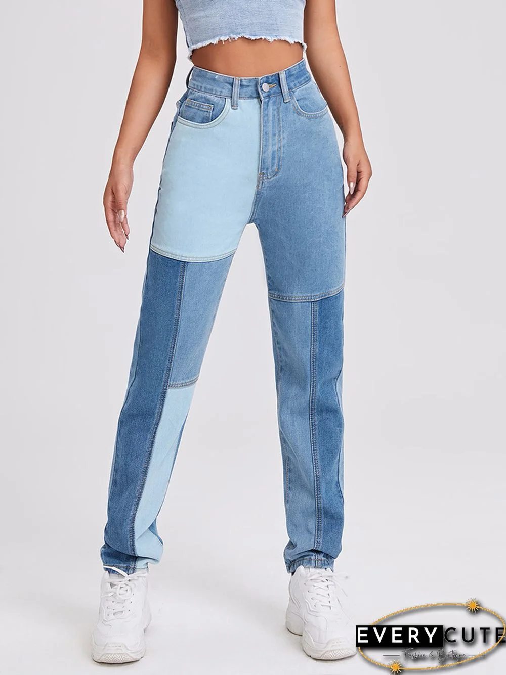 Sky Blue Colorblock Patchwork Ripped Hole Crop Straight Jeans