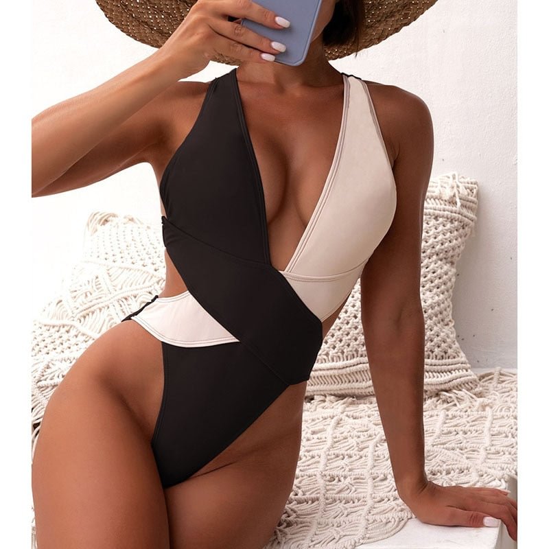 INGAGA Sexy Plunging One Piece Swimsuit Colorblock Swimwear Women 2022 New Cut Out Monokini Cross Back Bodysuit Bathing Suits