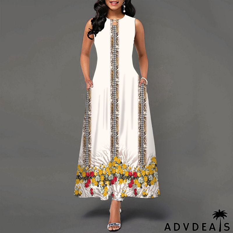 Women Fashion Plus Size Graphic Printing Sleeveless Swing Dress