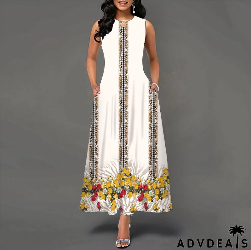 Women Fashion Plus Size Graphic Printing Sleeveless Swing Dress