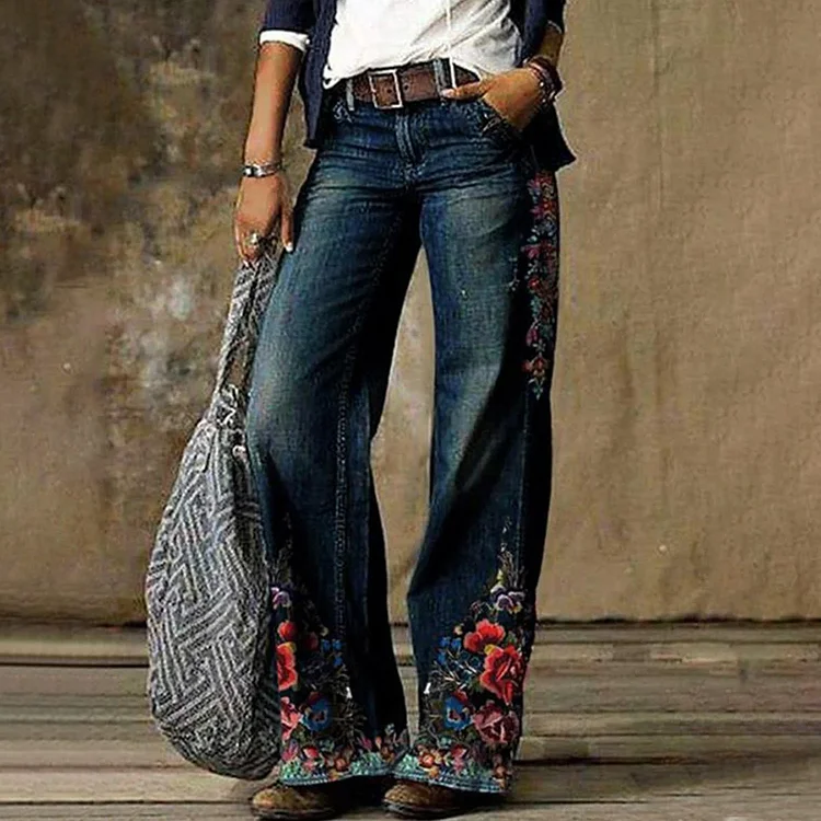 Boho Floral Pattern Hem Straight Leg Denim Jeans