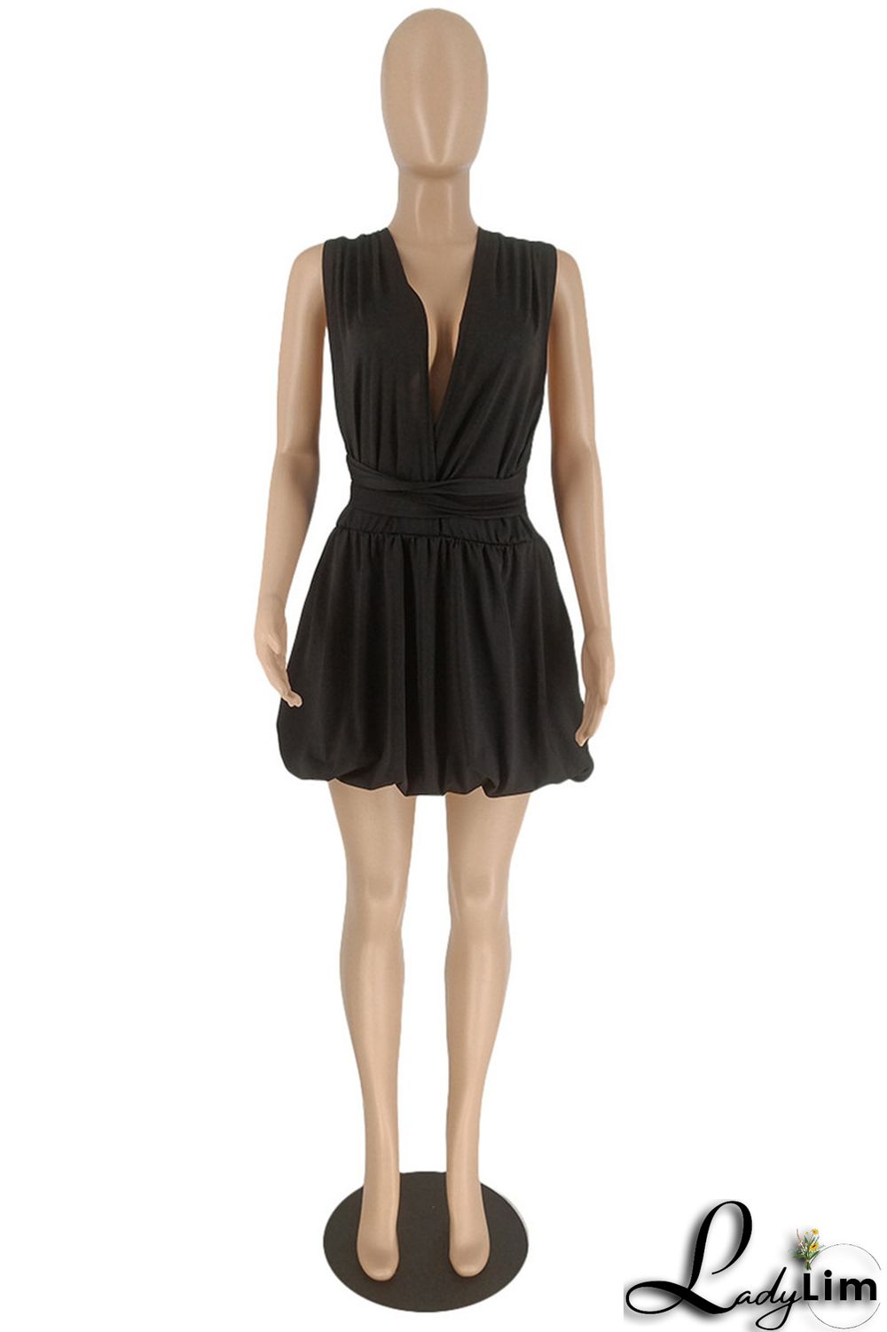 Black Sexy Casual Solid Bandage Backless V Neck Sleeveless Dress