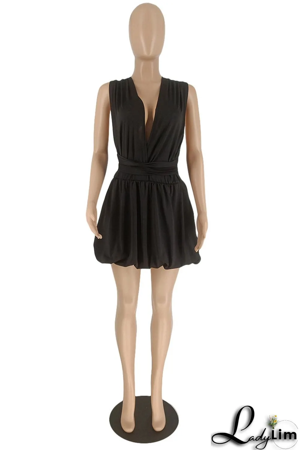 Black Sexy Casual Solid Bandage Backless V Neck Sleeveless Dress