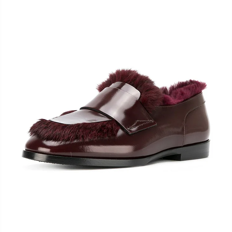 Burgundy Furry Loafers For Women |FSJ Shoes