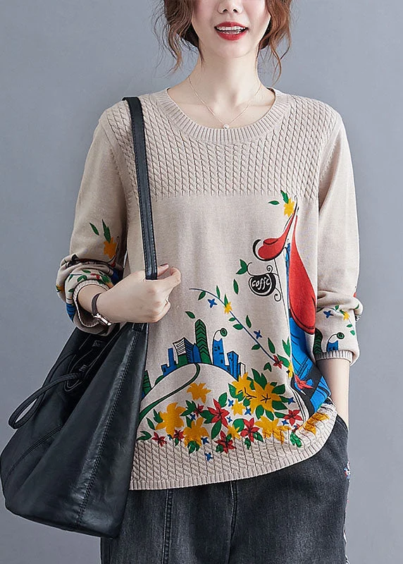 Vintage Khaki side open Print Knit Sweaters Winter