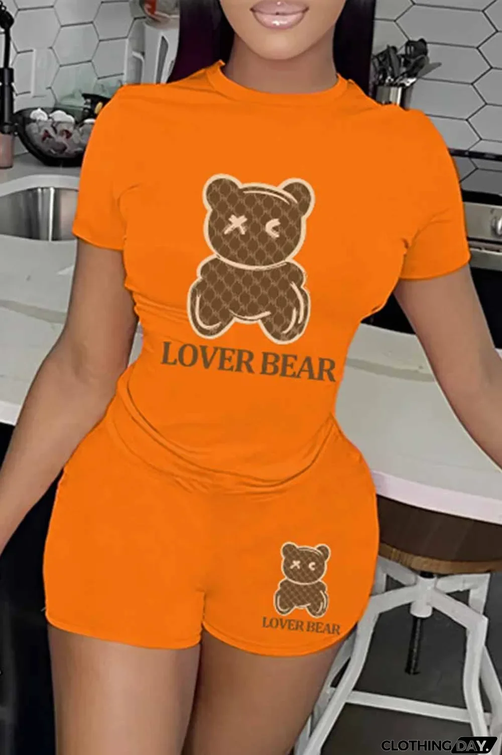 Purple Casual Print Letter O Neck Short Sleeve Two Pieces