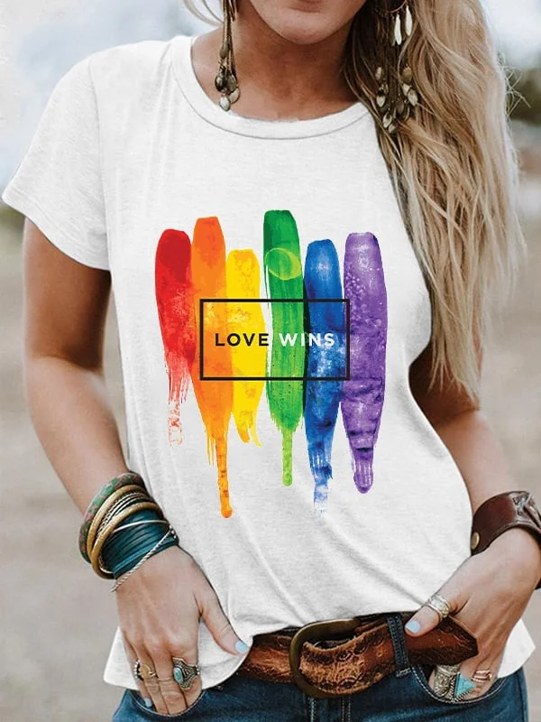 Women's Bright and Colourful Rainbow LOVE WINS Letter Printed V -Neck Tee