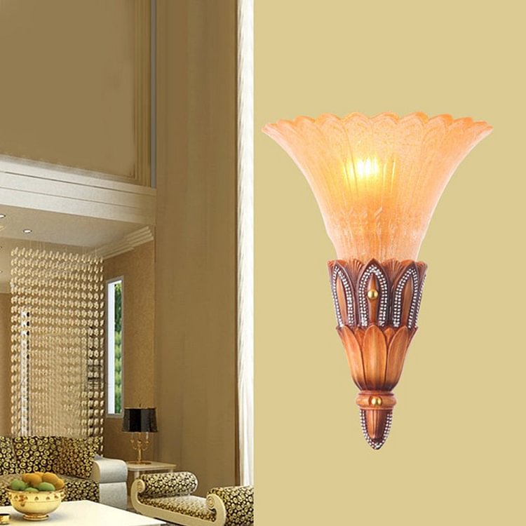 Textured Glass Flower Sconce Light Colonial Single Head Living Room Flush Mount Wall Light in Brown