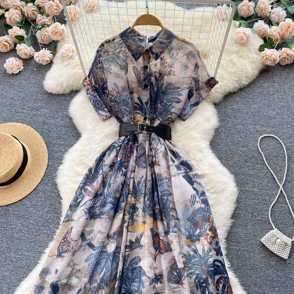 Women Vintage Party Dress Summer French Elegant Print Dress Ladies High Waist Retro Single Breasted Belt Casual Long Dress