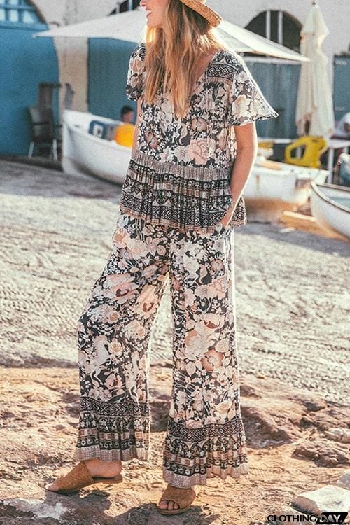 Bohemia Print V Neck Pants Set