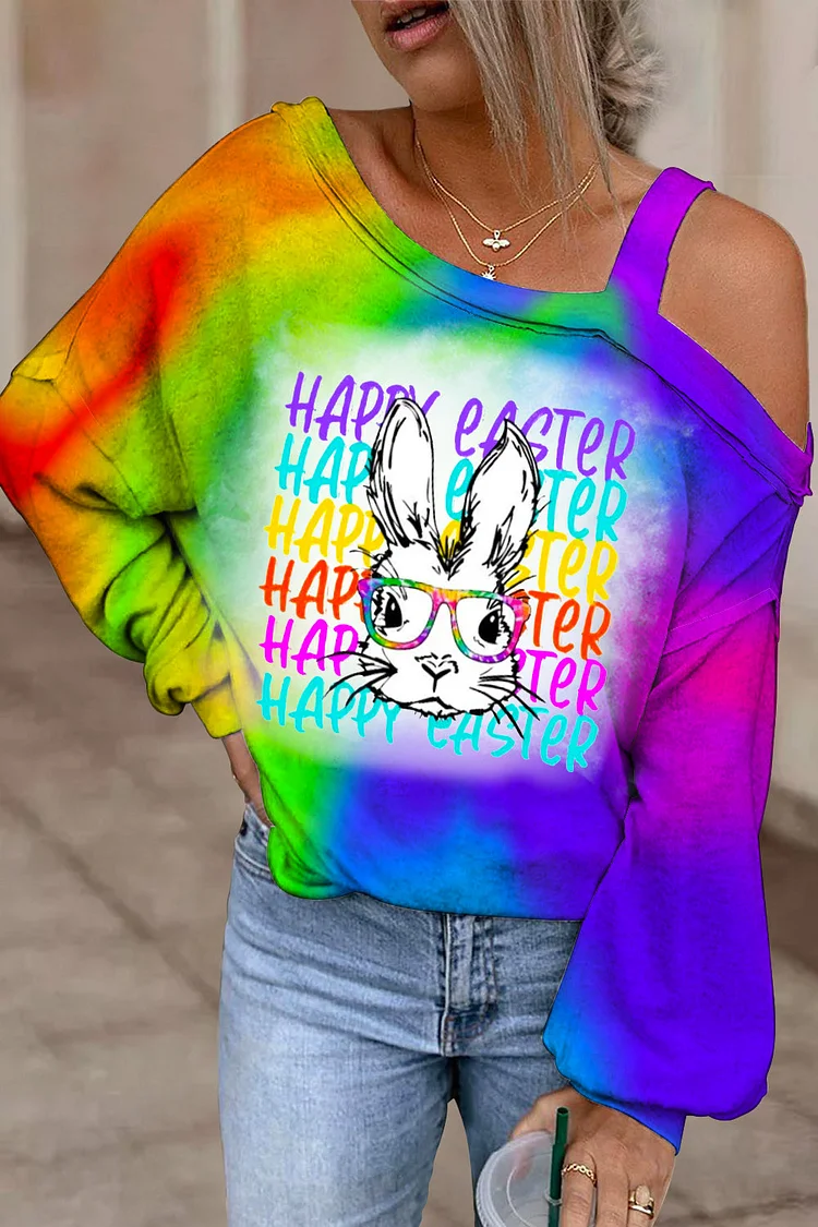 Happy Easter Rainbow Bunny With Glasses Tie Dye Print Off Shoulder Blouse