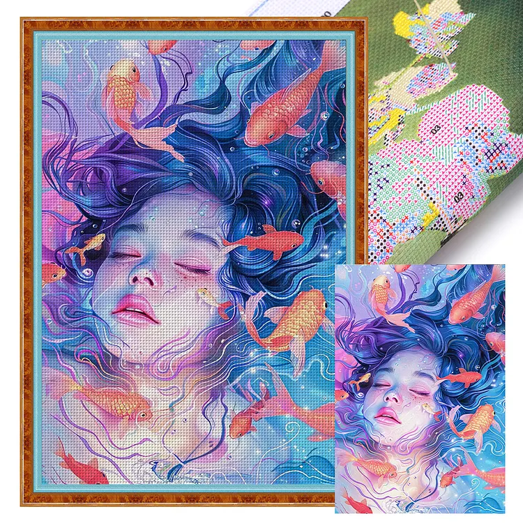 【Huacan Brand】Goldfish Girl 40*60cm 11CT Stamped Canvas Cross Stitch gbfke