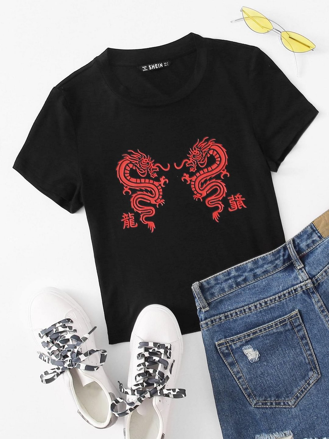 Dragon Print Fitted Crop Tee