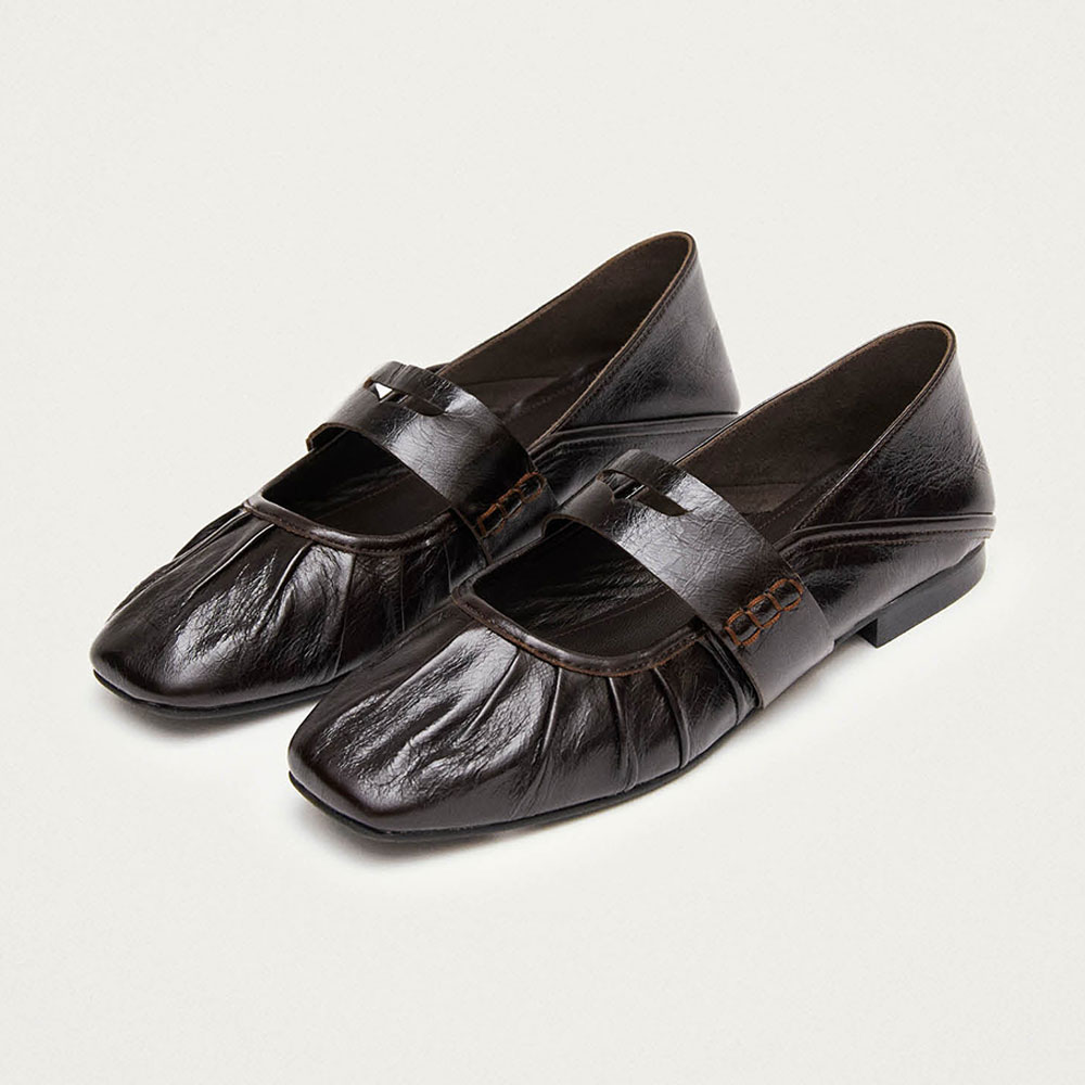 Dark Brown Strap Mary Jane Square Toe Ballet Flats for Women Nicepairs
