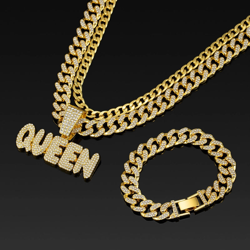 Style Jewelry Three-Piece Queen Pendant Alloy Full Diamond Cuban Link Chain Bracelet NK Chain3