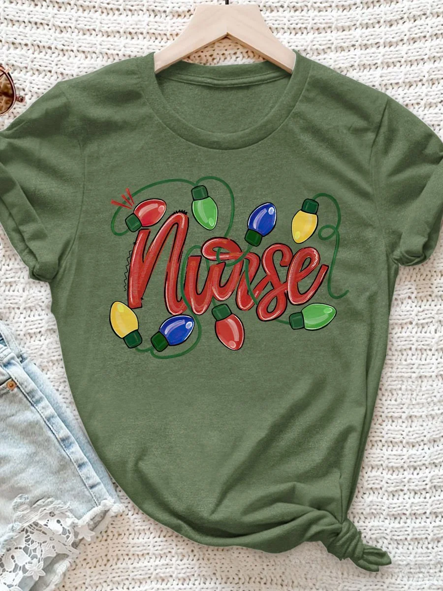String Lights Nurse Christmas Print Short Sleeve T-shirt